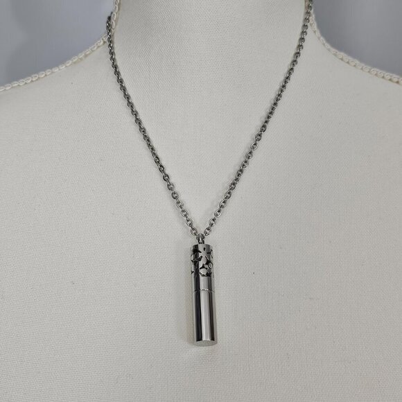 Silver Tone Stainless Steel Cylinder Floral Swirl Essential Oil Pendant Necklace - Picture 2 of 8